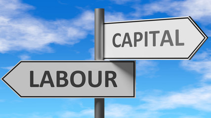 Labour and capital as a choice - pictured as words Labour, capital on road signs to show that when a person makes decision he can choose either Labour or capital as an option, 3d illustration