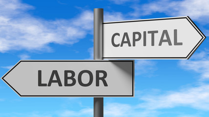 Obraz premium Labor and capital as a choice - pictured as words Labor, capital on road signs to show that when a person makes decision he can choose either Labor or capital as an option, 3d illustration