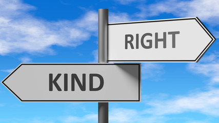 Kind and right as a choice - pictured as words Kind, right on road signs to show that when a person makes decision he can choose either Kind or right as an option, 3d illustration