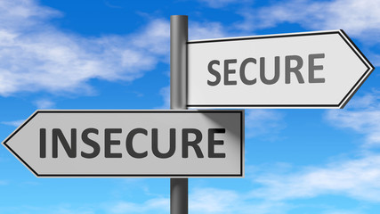 Insecure and secure as a choice - pictured as words Insecure, secure on road signs to show that when a person makes decision he can choose either Insecure or secure as an option, 3d illustration
