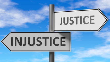 Injustice and justice as a choice - pictured as words Injustice, justice on road signs to show that when a person makes decision he can choose either Injustice or justice as an option, 3d illustration
