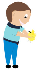 Cute smiling boy playing with a bird. Full length little boy holds a chick in his hands.