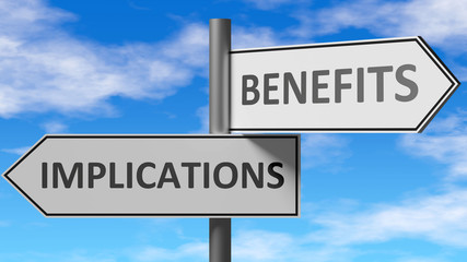 Fototapeta premium Implications and benefits as a choice, pictured as words Implications, benefits on road signs to show that when a person makes decision he can choose either option, 3d illustration