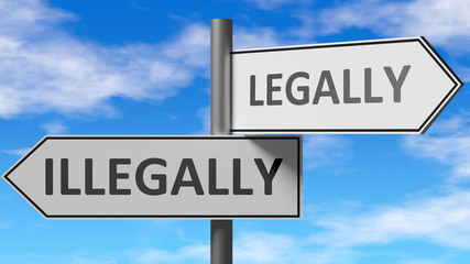 Fototapeta premium Illegally and legally as a choice - pictured as words Illegally, legally on road signs to show that when a person makes decision he can choose either Illegally or legally as an option, 3d illustration