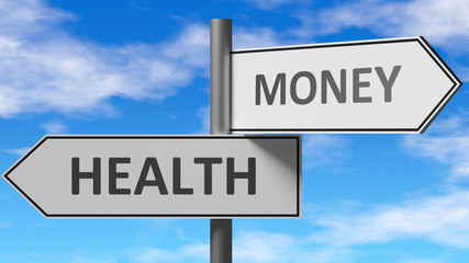 Health and money as a choice - pictured as words Health, money on road signs to show that when a person makes decision he can choose either Health or money as an option, 3d illustration