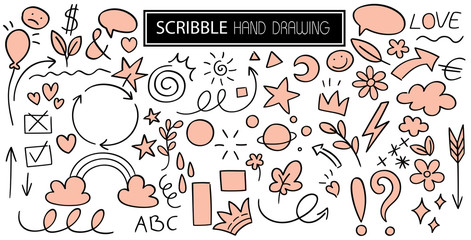 Big set black cartoon elements icons in hand drawn style. Doodle items sketch sign and set of hand drawn. Vector illustration on white background