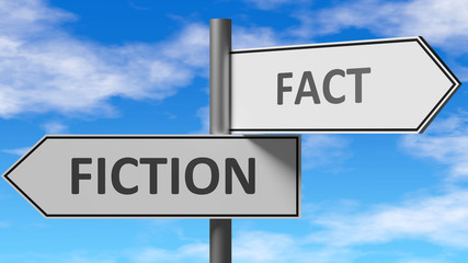 Fiction and fact as a choice - pictured as words Fiction, fact on road signs to show that when a person makes decision he can choose either Fiction or fact as an option, 3d illustration