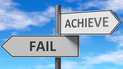 Fototapeta na wymiar Fail and achieve as a choice - pictured as words Fail, achieve on road signs to show that when a person makes decision he can choose either Fail or achieve as an option, 3d illustration