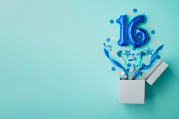 Number 16 birthday balloon celebration gift box lay flat explosion - obrazy, fototapety, plakaty