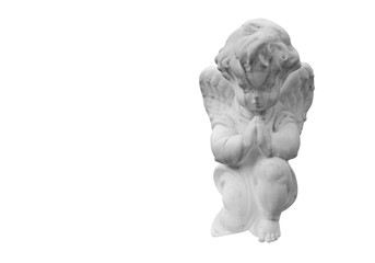 Fototapeta premium Ancient statue of little angel with wings isolated on white background.