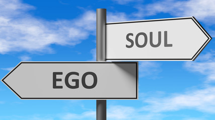 Ego and soul as a choice - pictured as words Ego, soul on road signs to show that when a person makes decision he can choose either Ego or soul as an option, 3d illustration - obrazy, fototapety, plakaty