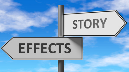 Effects and story as a choice - pictured as words Effects, story on road signs to show that when a person makes decision he can choose either Effects or story as an option, 3d illustration