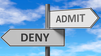 Deny and admit as a choice - pictured as words Deny, admit on road signs to show that when a person makes decision he can choose either Deny or admit as an option, 3d illustration