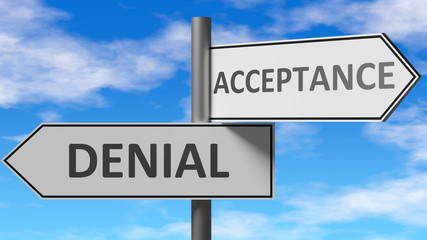 Denial and acceptance as a choice - pictured as words Denial, acceptance on road signs to show that when a person makes decision he can choose either Denial or acceptance as an option, 3d illustration