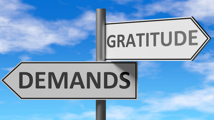 Demands and gratitude as a choice - pictured as words Demands, gratitude on road signs to show that when a person makes decision he can choose either Demands or gratitude as an option, 3d illustration