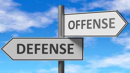 Obraz premium Defense and offense as a choice - pictured as words Defense, offense on road signs to show that when a person makes decision he can choose either Defense or offense as an option, 3d illustration