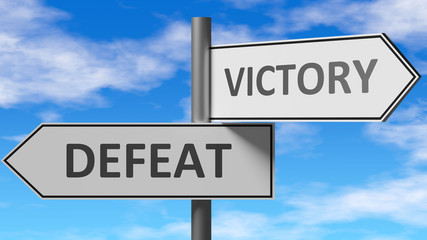 Fototapeta na wymiar Defeat and victory as a choice - pictured as words Defeat, victory on road signs to show that when a person makes decision he can choose either Defeat or victory as an option, 3d illustration