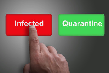 Buttons with written infected and quarantine and pointing finger, on a gray gradient background, on infected