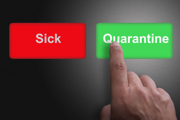 buttons with sick and quarantine and pointing finger, on a gray gradient background, on quarantine