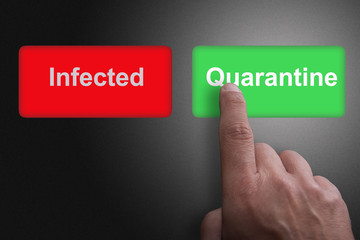 Buttons with written infected and quarantine and pointing finger, on a gray gradient background, on quarantine