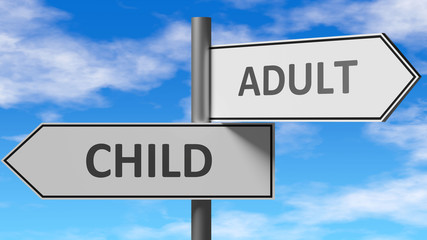 Child and adult as a choice - pictured as words Child, adult on road signs to show that when a person makes decision he can choose either Child or adult as an option, 3d illustration