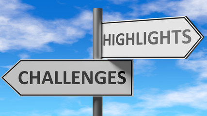 Fototapeta premium Challenges and highlights as a choice, pictured as words Challenges, highlights on road signs to show that when a person makes decision he can choose either option, 3d illustration