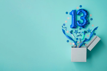 Number 13 birthday balloon celebration gift box lay flat explosion - obrazy, fototapety, plakaty