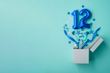 Number 12 birthday balloon celebration gift box lay flat explosion