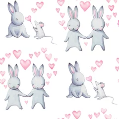 Wallpaper murals Rabbit Cute illustration for greeting card or any design for Valentine's. Beautiful  watercolor illustration of bunny in love, seamless pattern. Beloved sweet couple. Greeting card for wedding. Love you. 