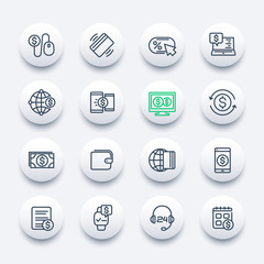 Payments, internet banking and online money transfer line icons, vector