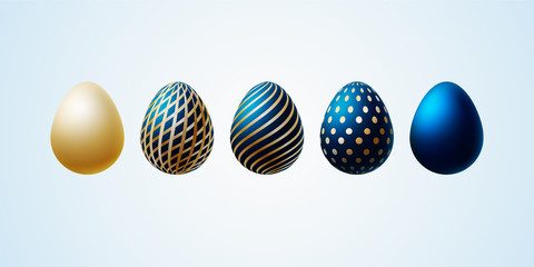 Easter egg Bright modern painted luxury eggs for Easter Set of dark blue elegant colored egg with different graphic pattern on a light background Spring Easter sale card design element Vector icon art
