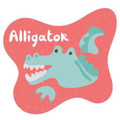 A little dangerous baby crocodile hunts out of the water and shows all his teeth. Kid alligator in flat style. Text alligator in an red speech bubble. For cards, animal ABC, kids room, education games