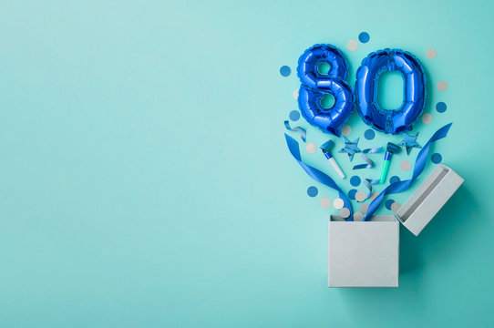 Number 80 birthday balloon celebration gift box lay flat explosion