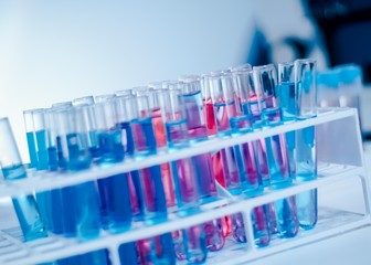 lab supplies glass test tubes, blood test tubes and microscope