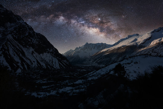 Night landscape of Himalayas with the colorful Milky Way full of stars. Manaslu trek in Nepal.