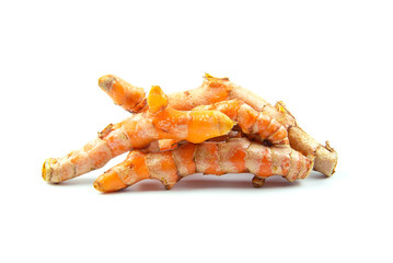 Raw turmeric (Curcuma longa Linn) ingredients for making herbal medicine isolated on white background.