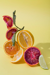Citrus Fruit. Composition with orange, lemon, lime on yellow background