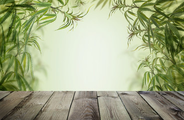 Green cannabis with wooden background, cultivation vegetation marijuana plants,  marijuana leaves...
