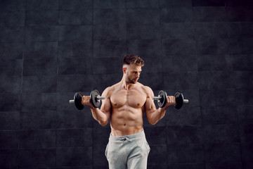 Handsome muscular caucasian blond shirtless man lifting dumbbells while standing in front of dark background.