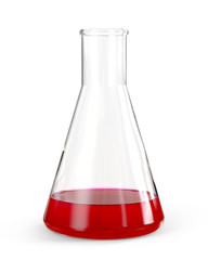 Erlenmeyer Flask. Glass Conical Lab Container Partially Filled by Red Translucent Liquid Suspension. 3D Render Isolated on White Background.