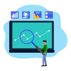 Illustration of smart vector flat investment. Entrepreneurs with business icon charts. A happy businessman in informal attire. Successful investors, startups, business ideas