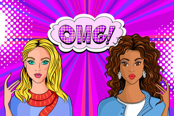 Banner with illustration of girls blonde and brunette advertising bubble with the inscription OMG. Bright colorful background in the style of pop art for advertising discounts.