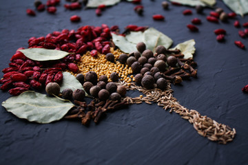 A tree lined with different spices is located on a dark surface. Culinary art.