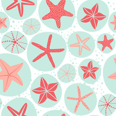 Summer background. Seamless vector pattern with sea stars in circles.