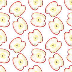 Watercolor apple seamless pattern. Hand drawn texture with whole and ripe apples with green leaves on white background. Artistic natural food wallpaper