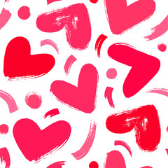 Seamless vector pattern with brush strokes and red hearts. Hand drawn Valentine's day background.
