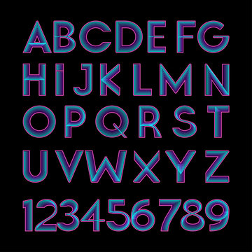 Neon style modern font in retro disco 80s style, alphabet and numbers. Vector illustration isolated.