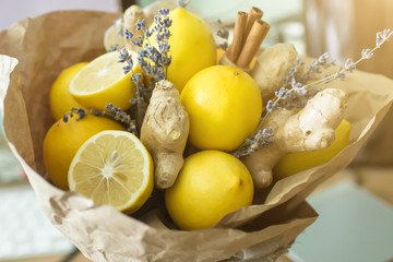 Bouquet of lemons and lavender
