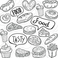 Fast food doodles with hand drawn vector symbols and objects