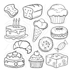 Hand drawn sweets and candies doodle. such us Ice cream, cake, donut, etc. Vector doodles. Isolated food on white background. Black and white.